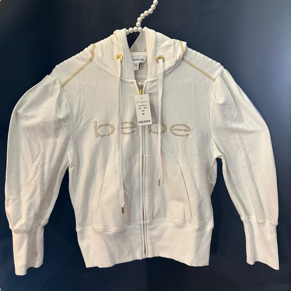 Vintage BeBe hooded/gold studded zip up crop jacket w/pockets (off white)